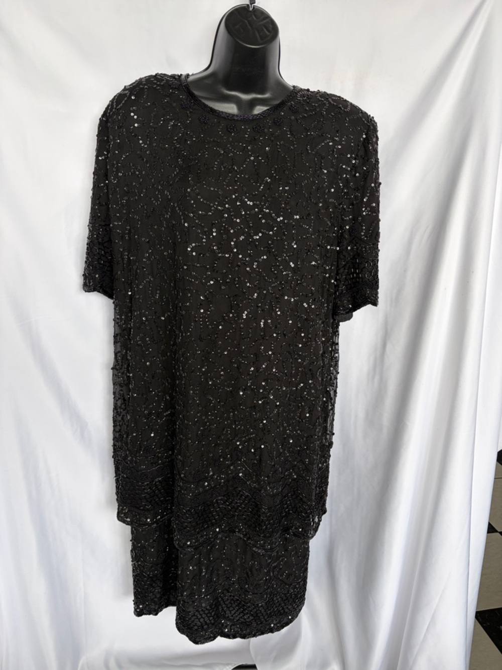 Vtg Brilliante by J.A. 100% Silk Beaded Flapper MOB Dress Black SZ 2X,